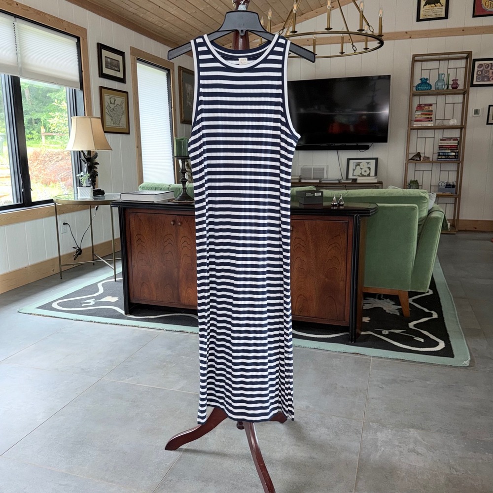 Loft Beach Maxi Dress‎ Womens Small Navy White Striped Metallic Sleeveless Slit